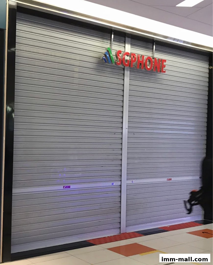 A closed shop with a metal roller shutter and the SGPHONE logo above.