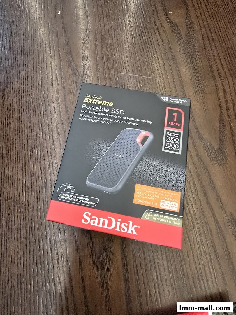 A SanDisk Extreme Portable SSD 1TB external hard drive in its retail packaging.