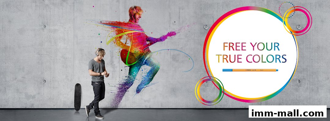 A person with a skateboard looks at a vibrant artistic depiction of a guitarist.