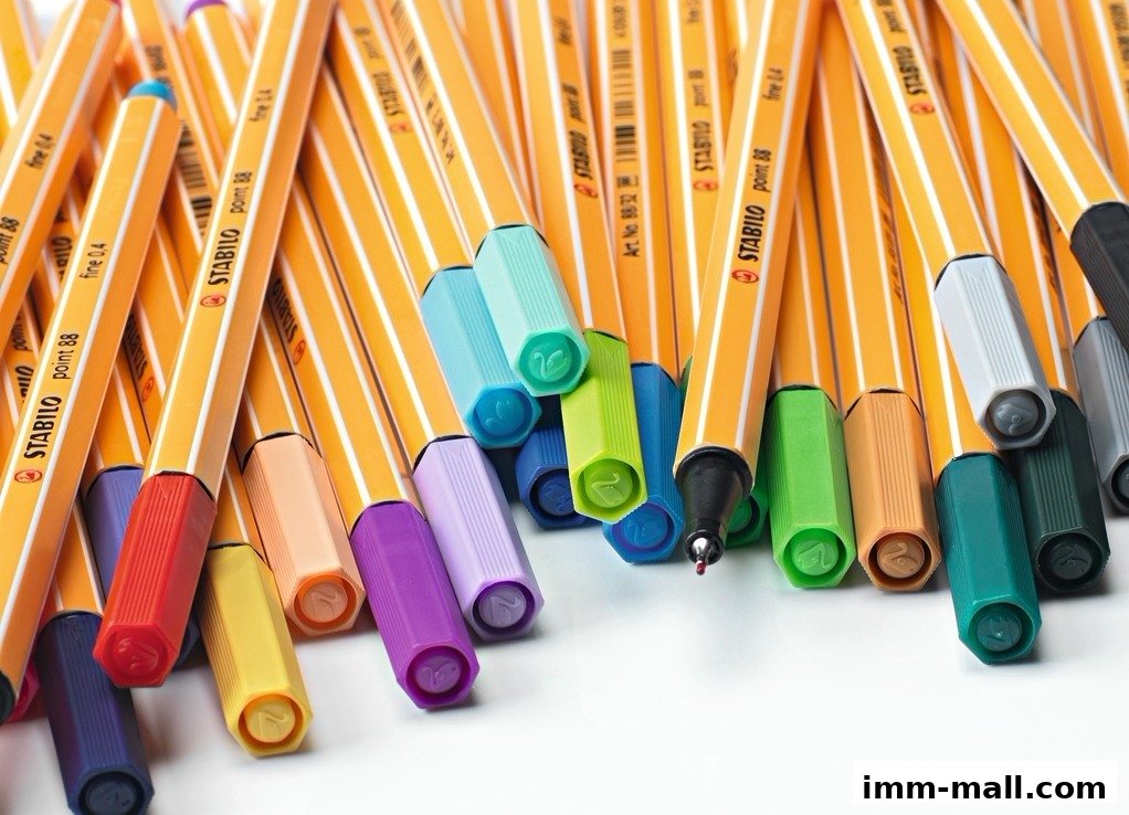 A close-up shot of numerous colorful STABILO point 88 fine liners.