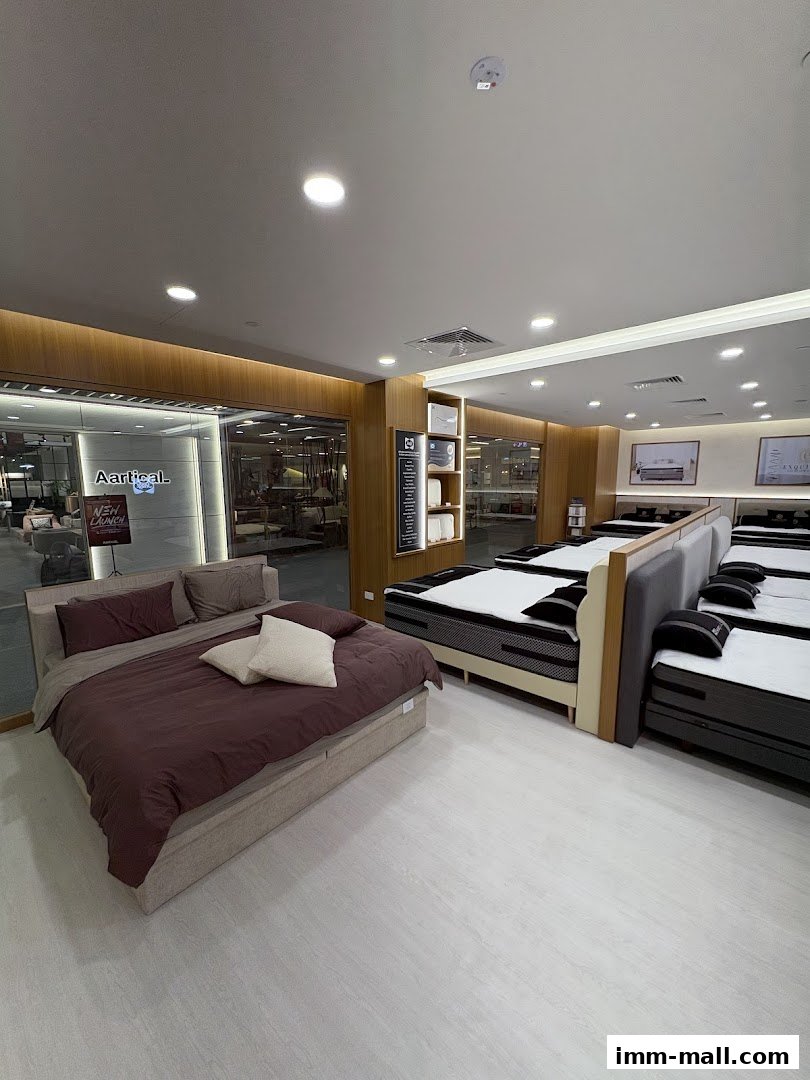Interior view of a Sealy Sleep Boutique showcasing multiple beds and mattresses.