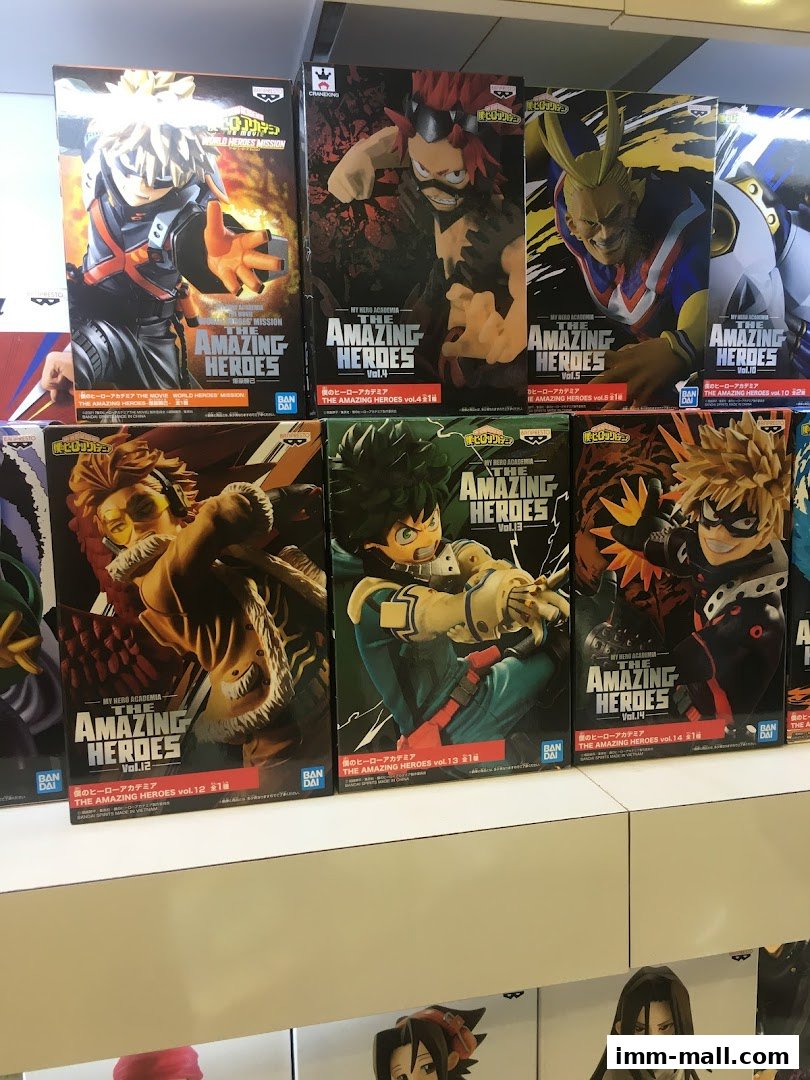 A display of collectible figures from the anime series My Hero Academia.