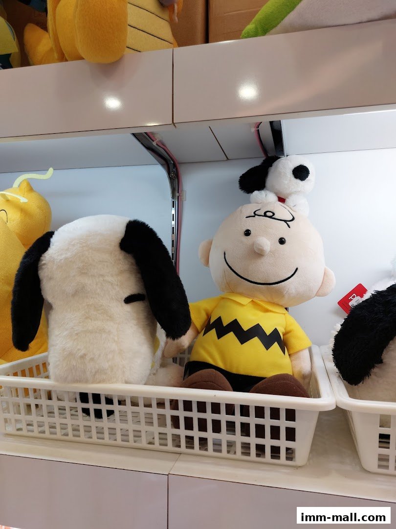 Plush toys of Charlie Brown and Snoopy are displayed in white baskets on shelves.