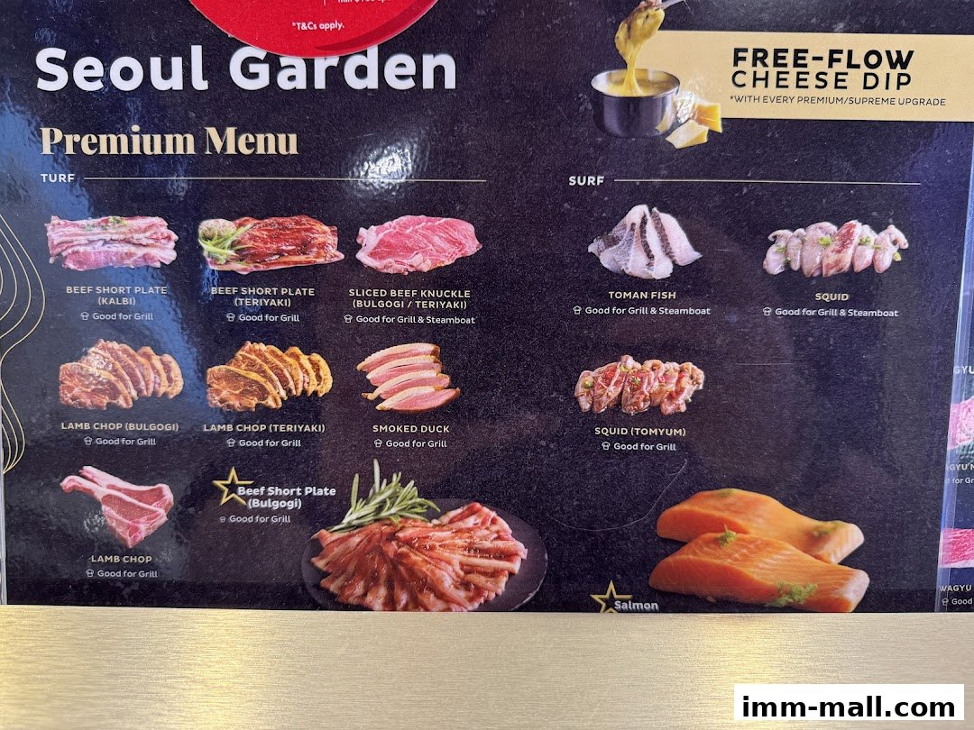 A menu showcasing premium meat and seafood options at Seoul Garden.