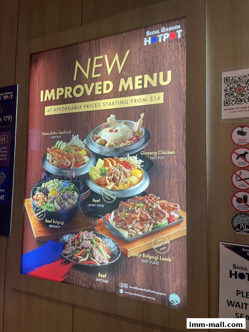 A menu board showcasing various Korean hot pot and grilled dishes from Seoul Garden.