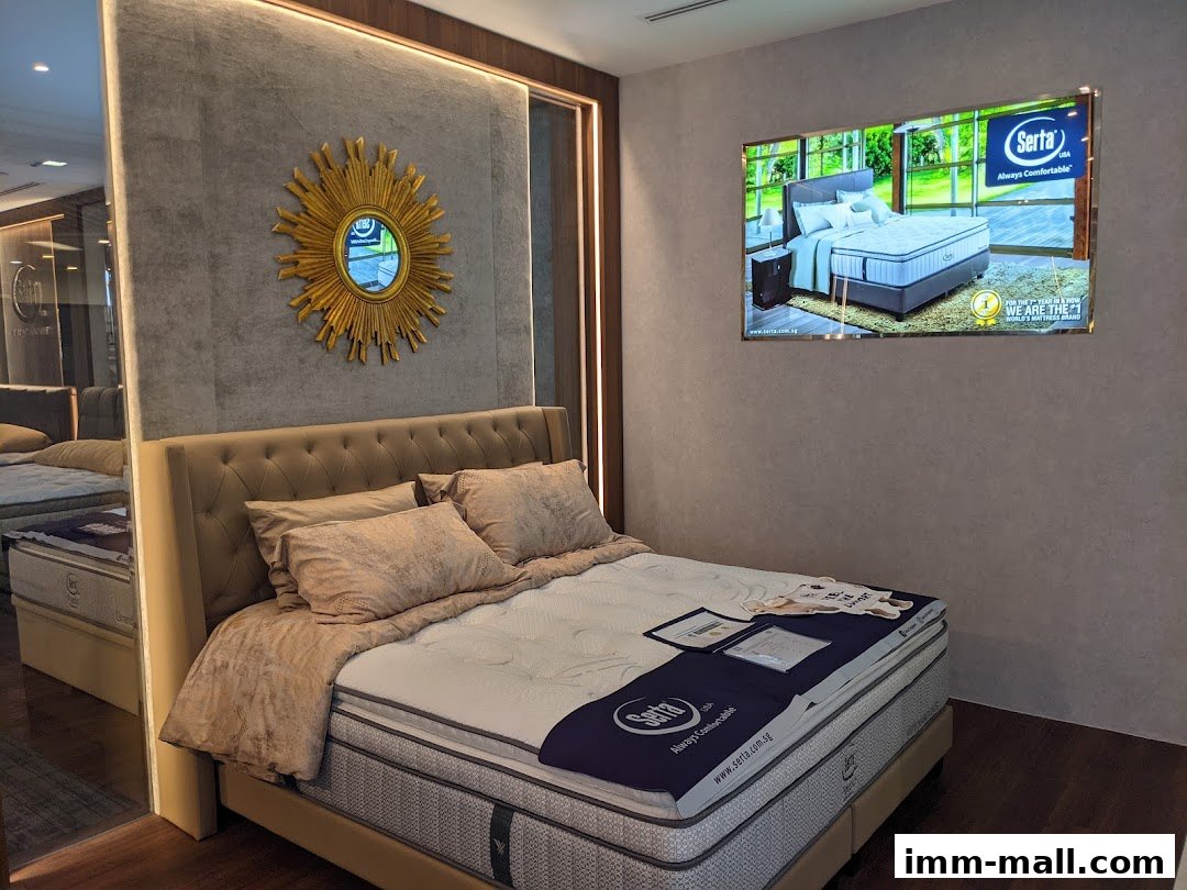 A Serta mattress display with a bed, pillows, and an advertisement on the wall.