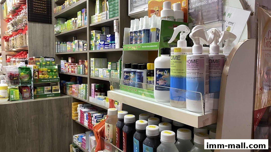 Shelves stocked with various health and cleaning products, including sprays and bottles.