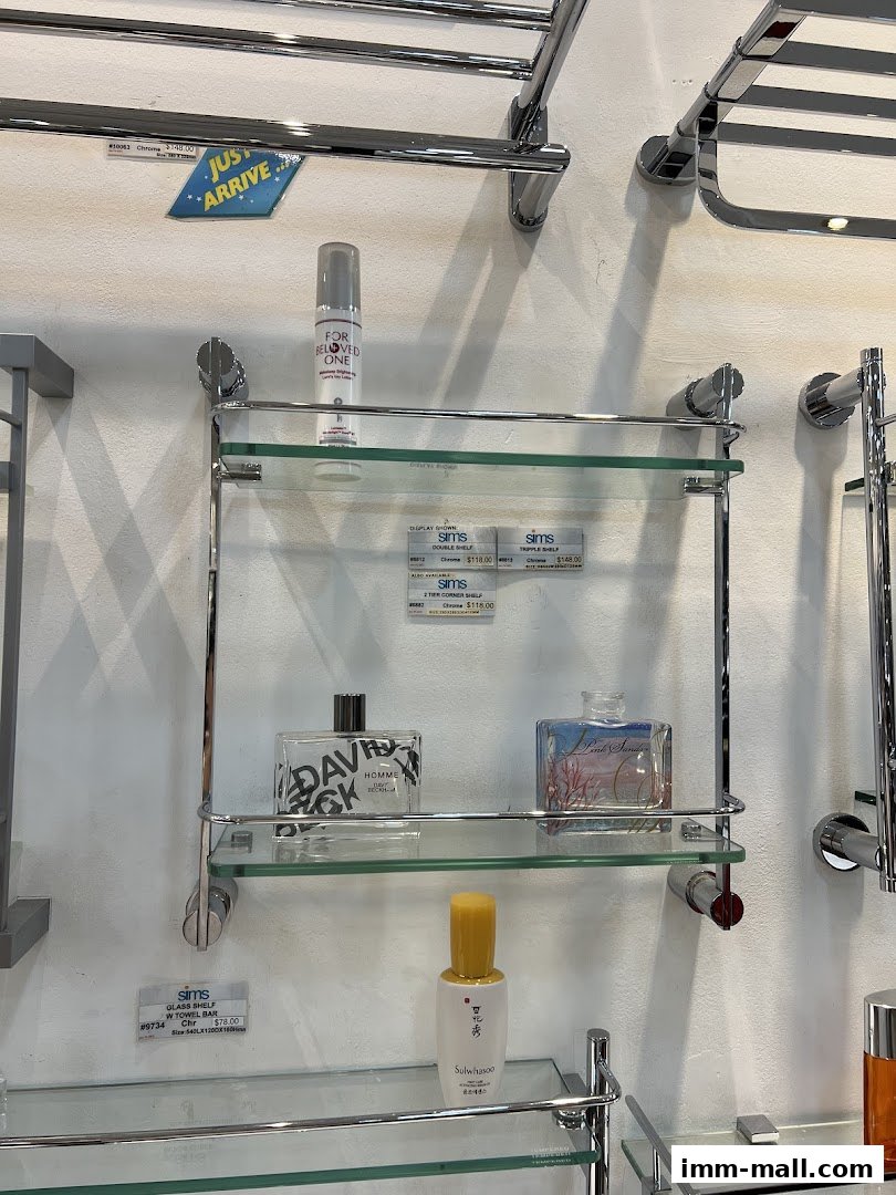 A display of bathroom shelves with various products, including toiletries and decorative bottles.