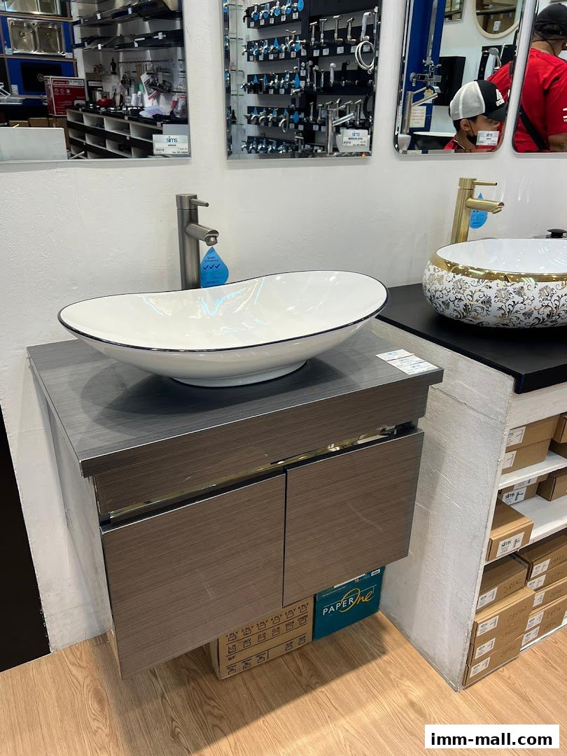 A display of modern bathroom sinks and faucets in a retail store.