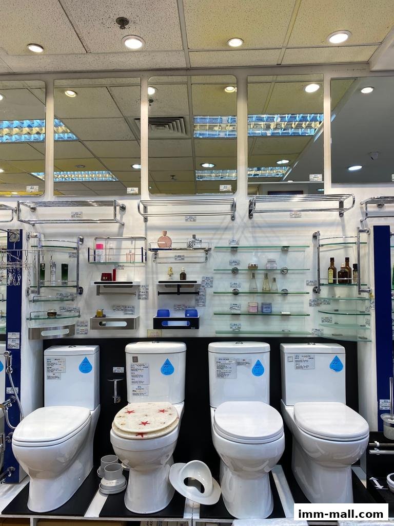 A display of modern white toilets and bathroom accessories in a retail store.