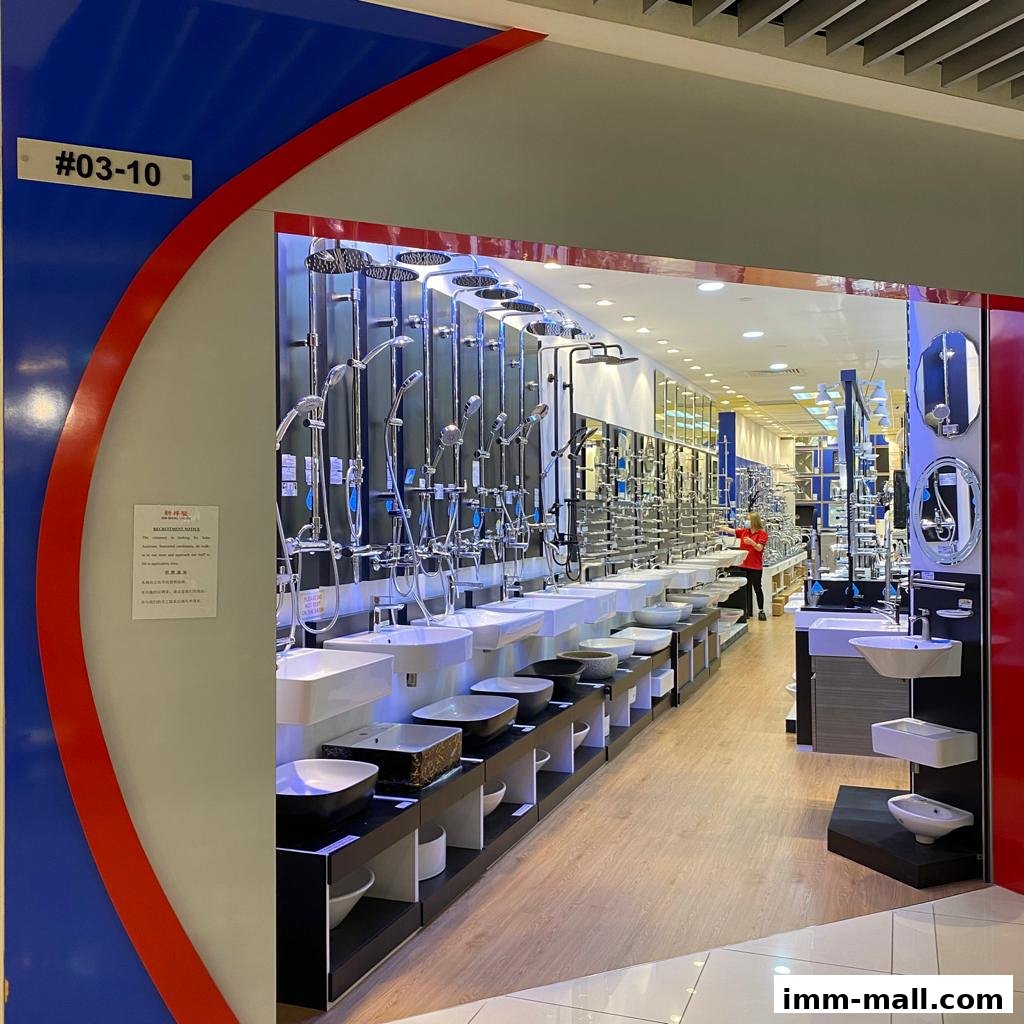 A well-lit store showcasing a wide selection of bathroom fixtures, including sinks and showerheads.