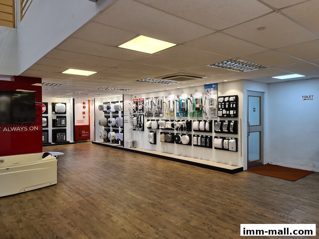 Interior view of Sim Siang Choon showcasing a wide display of water heaters and bathroom fixtures.