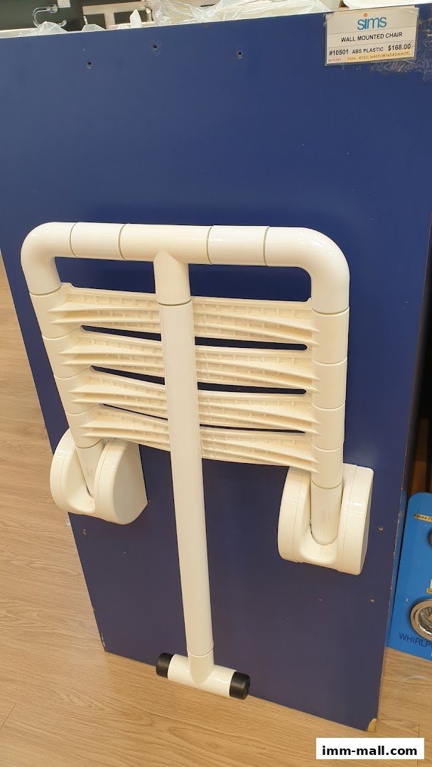 A white wall-mounted chair made of ABS plastic is displayed against a blue background.