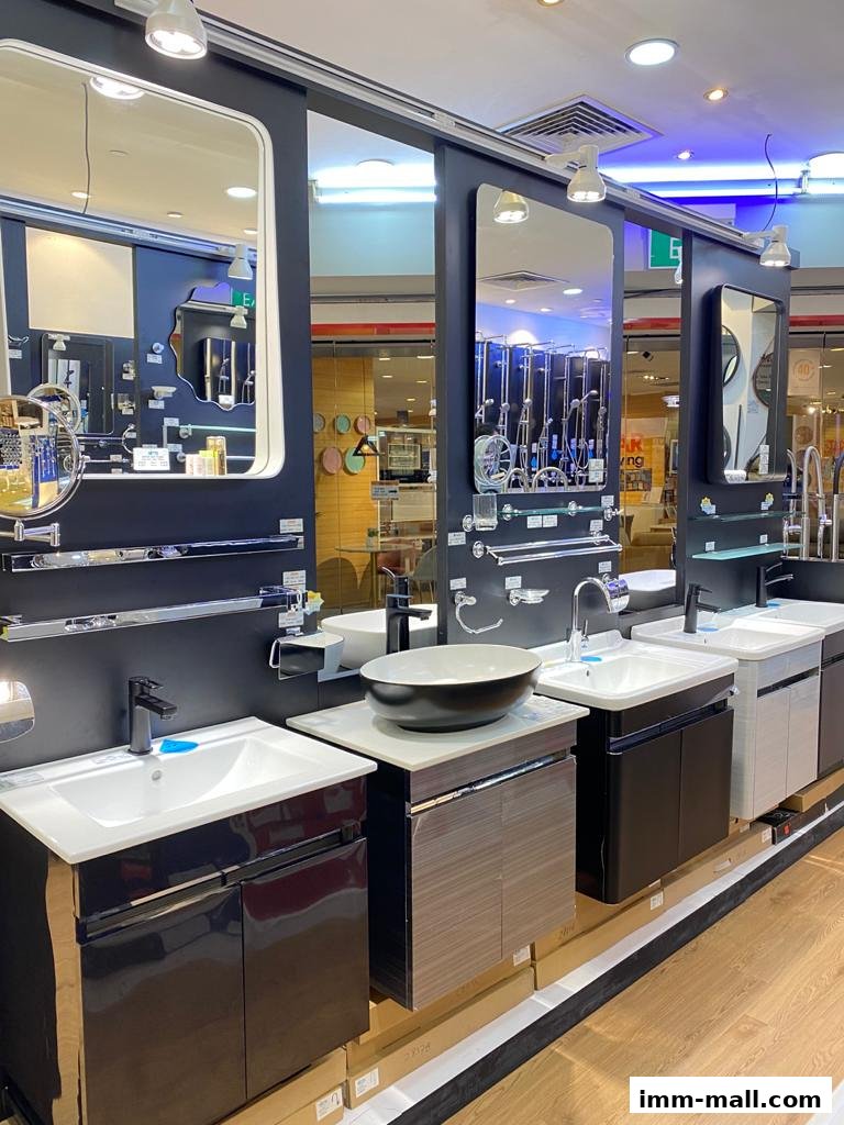 Display of modern bathroom vanities with sinks and faucets, showcasing various styles.