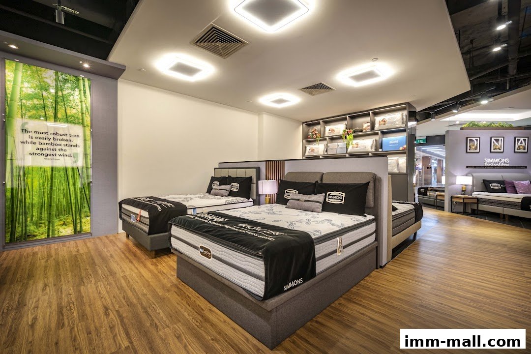 Interior view of a Simmons mattress gallery showcasing several beds and product displays.