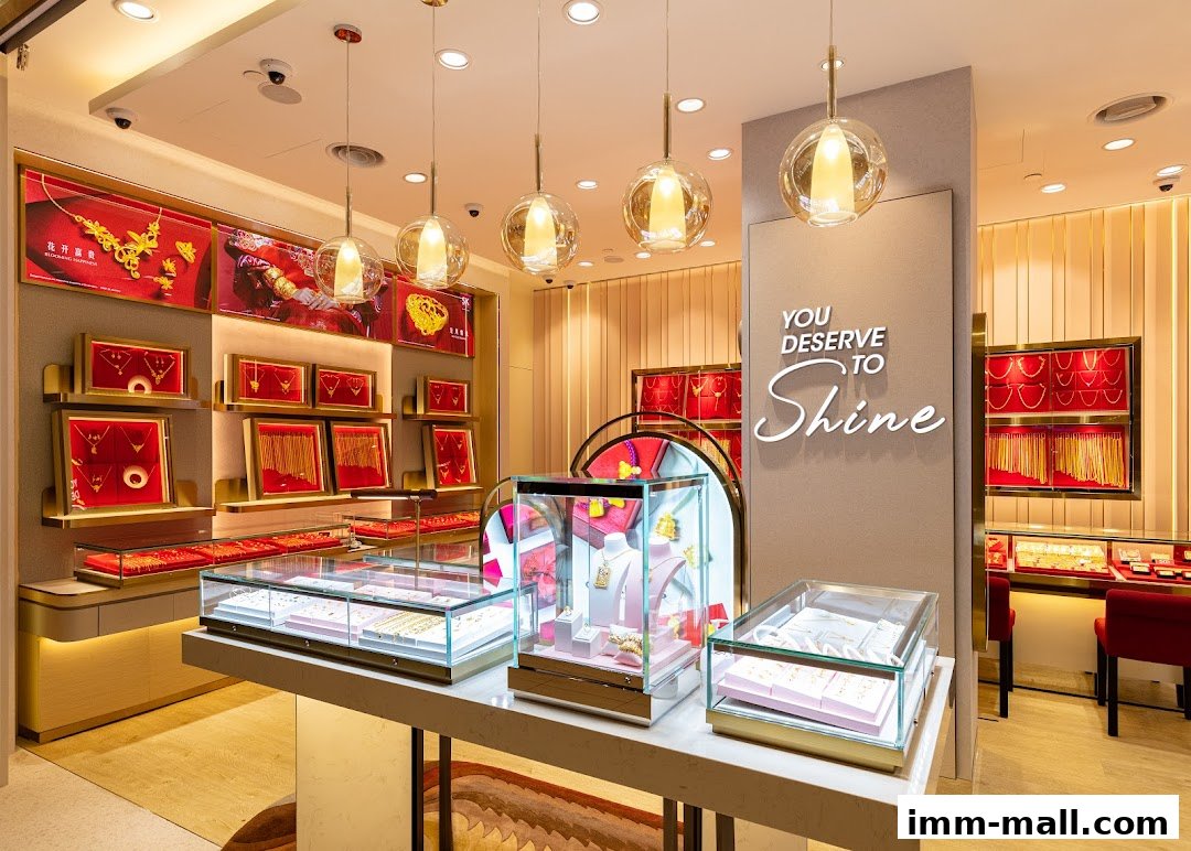 Interior view of a luxurious jewelry store with display cases filled with gold and diamond jewelry.