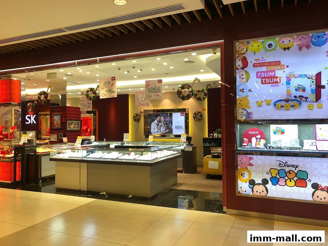 SK Jewellery shop interior with display cases filled with jewelry and Disney Tsum Tsum merchandise.