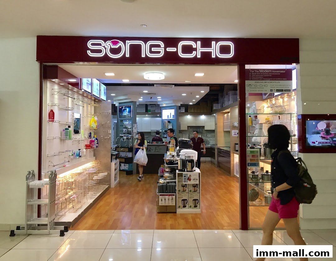 The entrance of Song-Cho, a homeware and kitchenware store, showcasing various products and a modern interior.