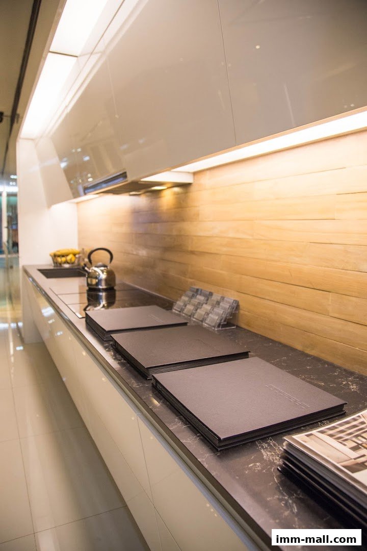 A modern kitchen counter with sleek cabinets, wooden backsplash, and several brochures on display.
