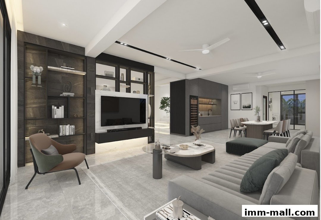 A modern living room and kitchen area with stylish furniture and decor.