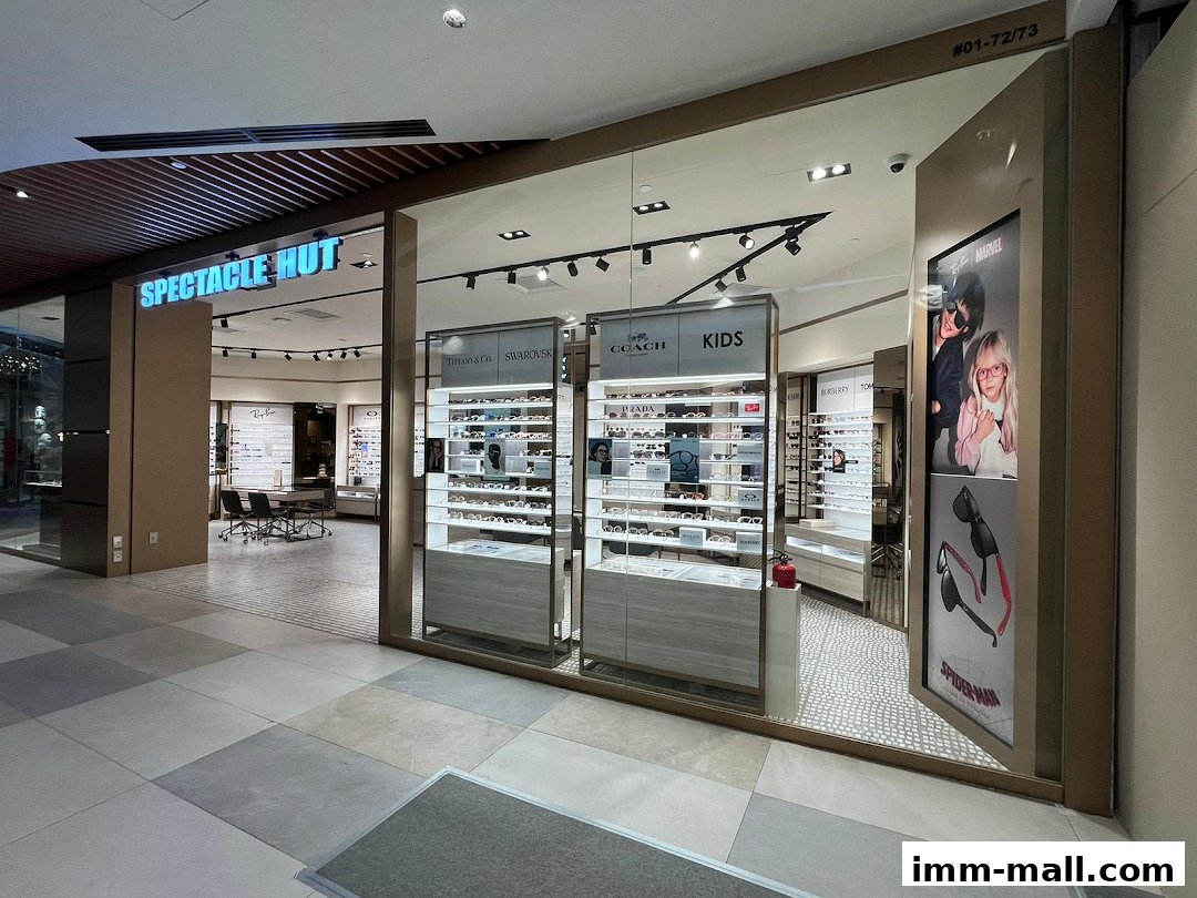 The exterior of Spectacle Hut, an optical shop, showcasing various eyewear brands and a kids' section.