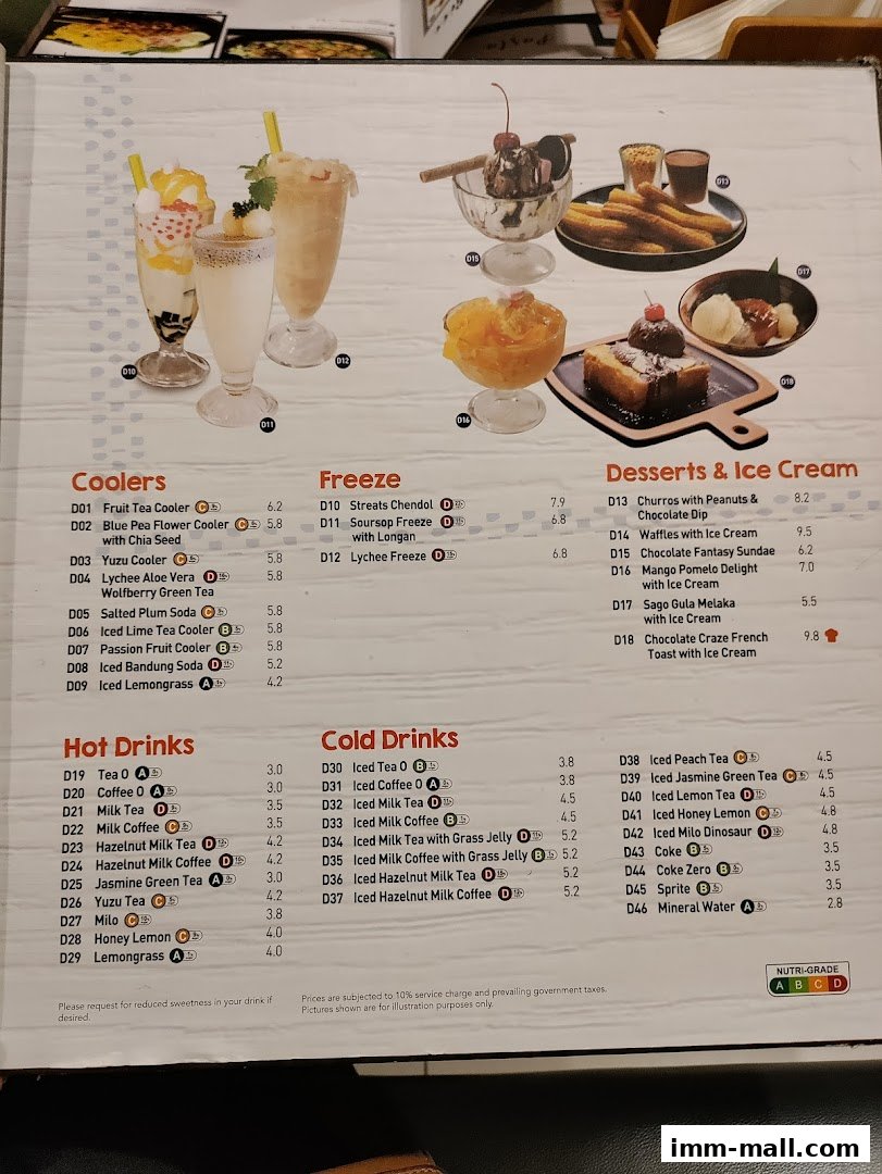 A menu from Streats IMM featuring coolers, freeze drinks, hot and cold drinks, and desserts.
