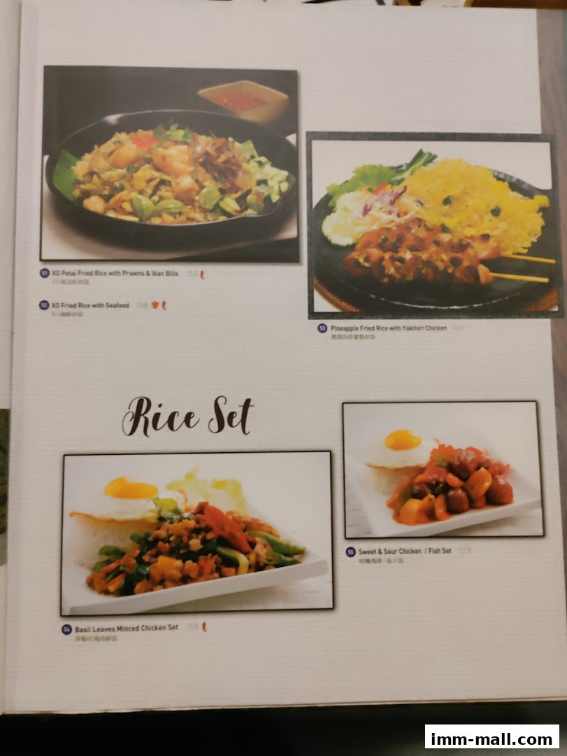 A menu page showcasing various rice dishes and sets with enticing food photography.