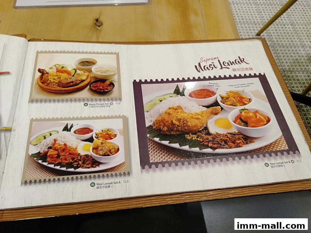 A menu showcasing various Nasi Lemak sets and Ayam Penyet.