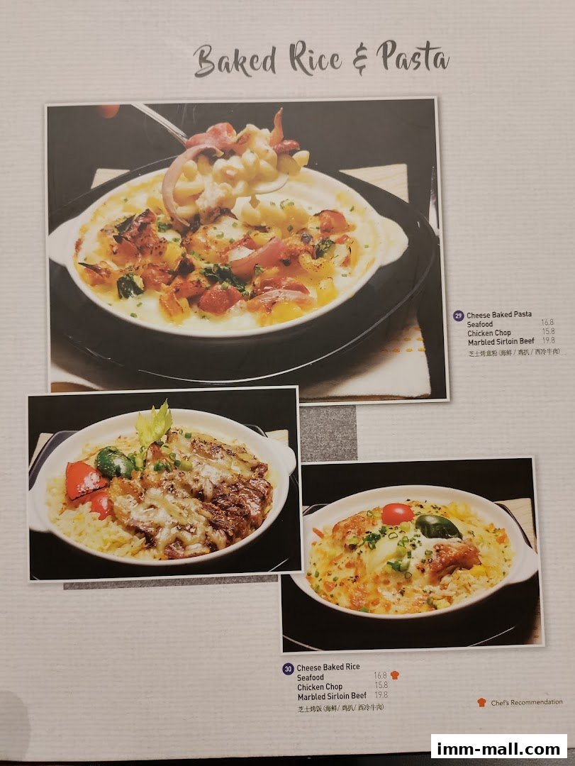 A menu page showcasing baked rice and pasta dishes with enticing food photography.