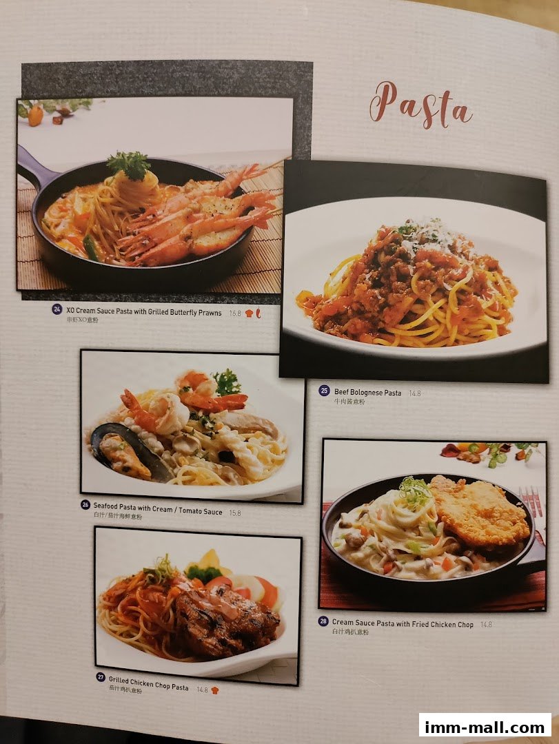 A menu page showcasing various pasta dishes with appetizing images and descriptions.
