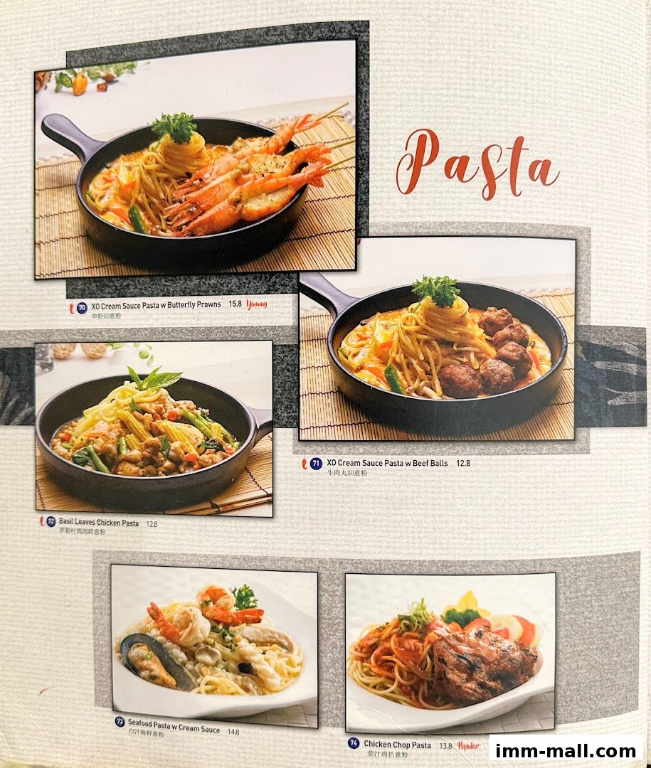 A menu page showcasing various pasta dishes with appetizing images and descriptions.