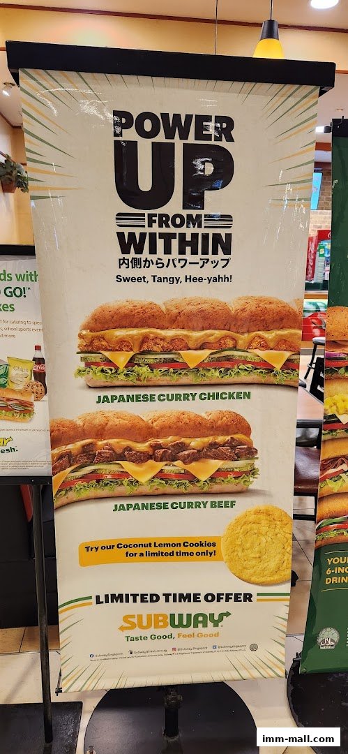 A promotional banner for Subway featuring Japanese Curry Chicken and Beef subs, and Coconut Lemon Cookies.