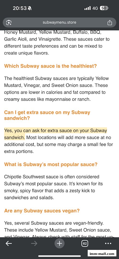 A screenshot of the Subway website discussing sauces and their ingredients.