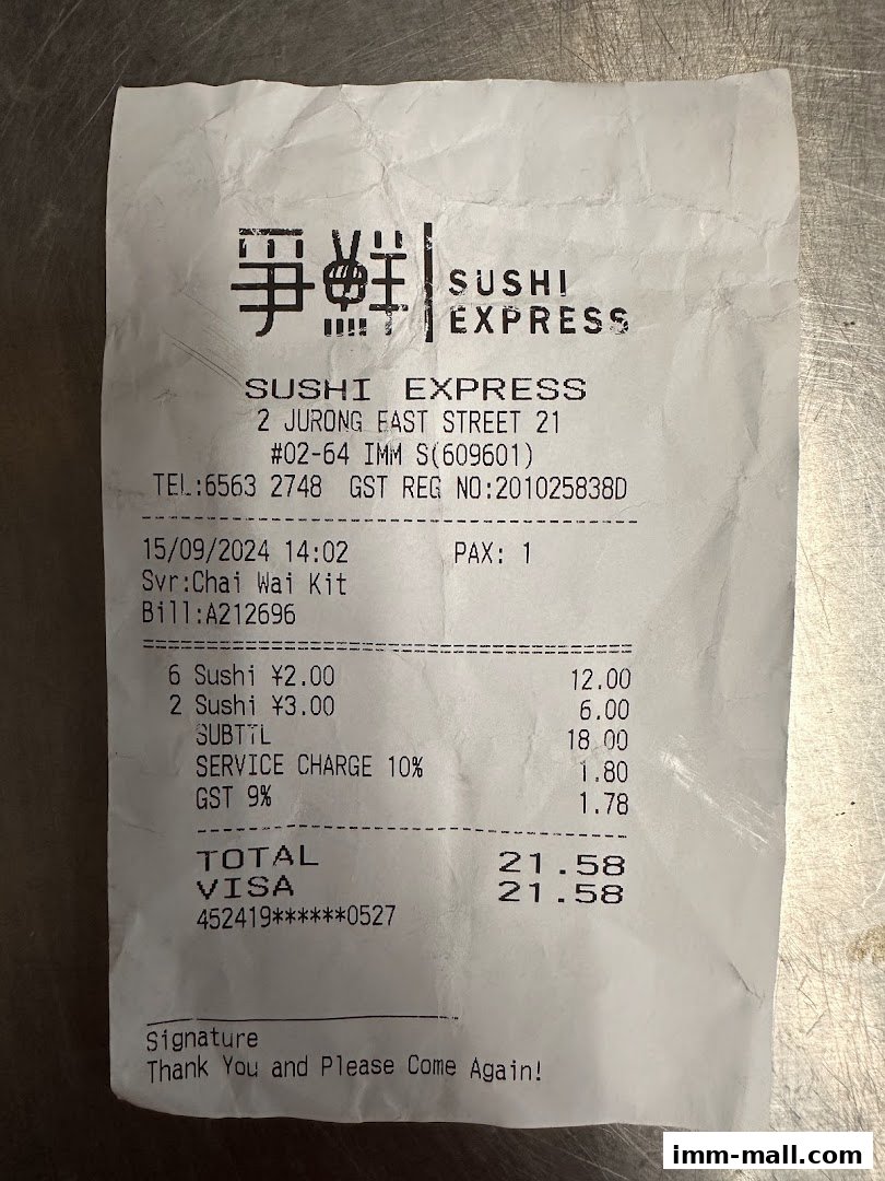 A receipt from Sushi Express showing purchased items and total cost.