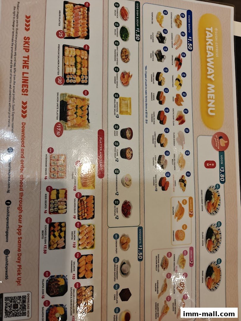 A takeaway menu from Sushi Express featuring various sushi platters, bentos, side dishes, and desserts.