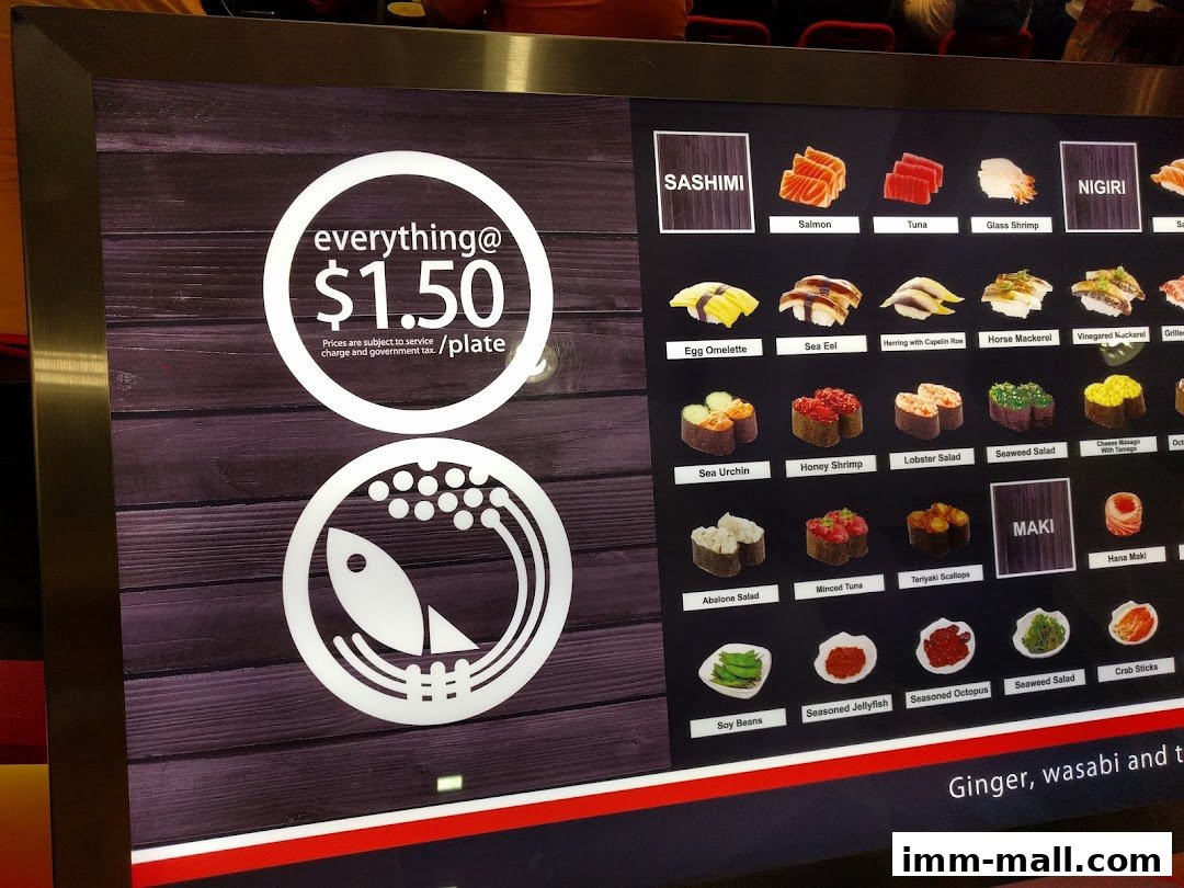 A digital menu displaying various sushi items and prices at Sushi Express.