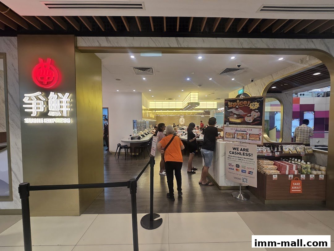 The entrance to Sushi Express with a prominent sign and people queuing inside.