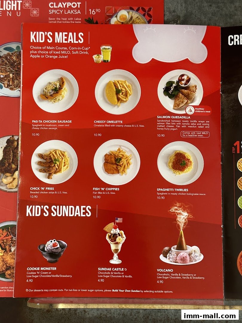 A menu featuring kid's meals and sundaes with colorful images and descriptions.