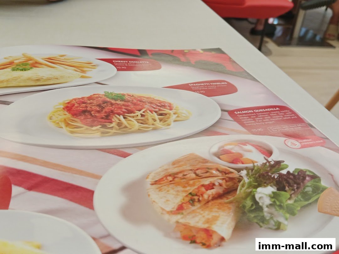 A menu featuring delicious dishes like spaghetti, quesadillas, and omelettes.