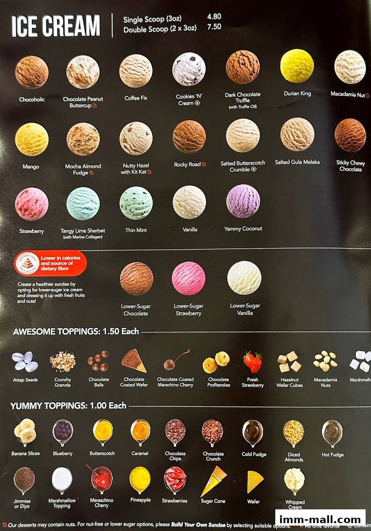 A menu displaying various ice cream flavors and toppings with their prices.