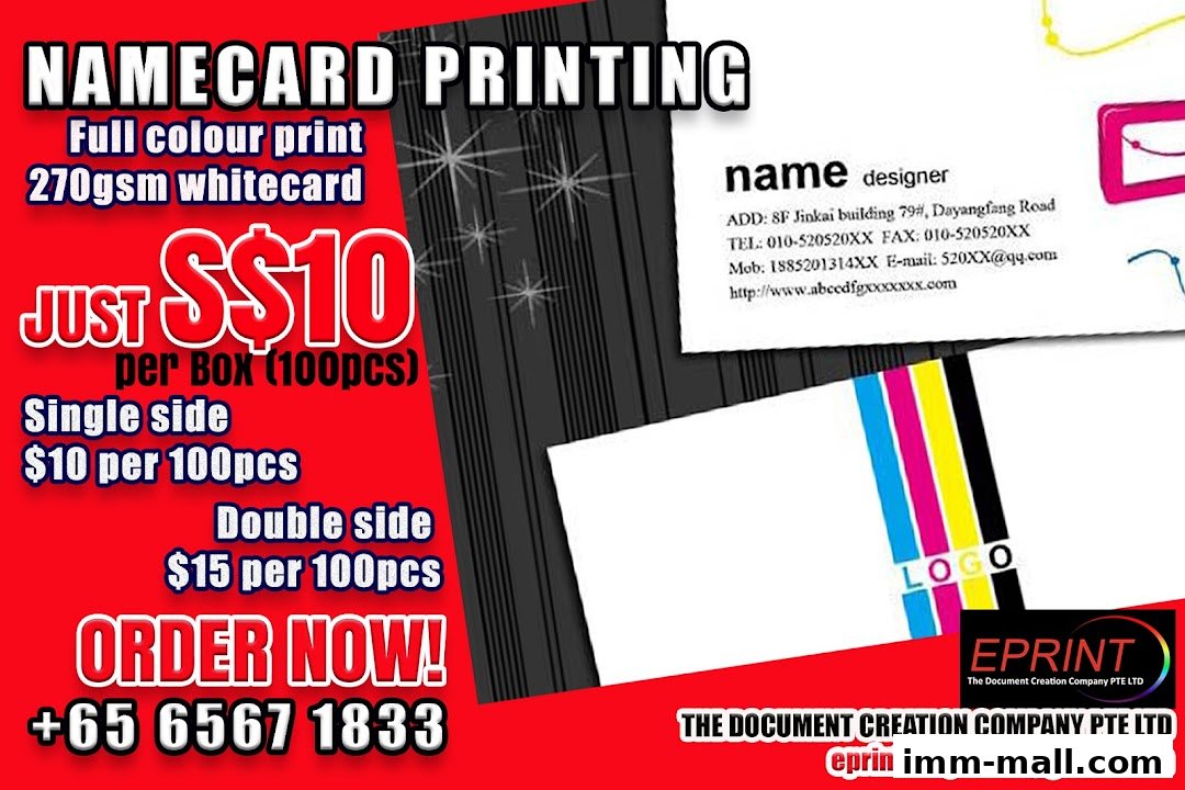 Advertisement for namecard printing services with pricing and contact information.