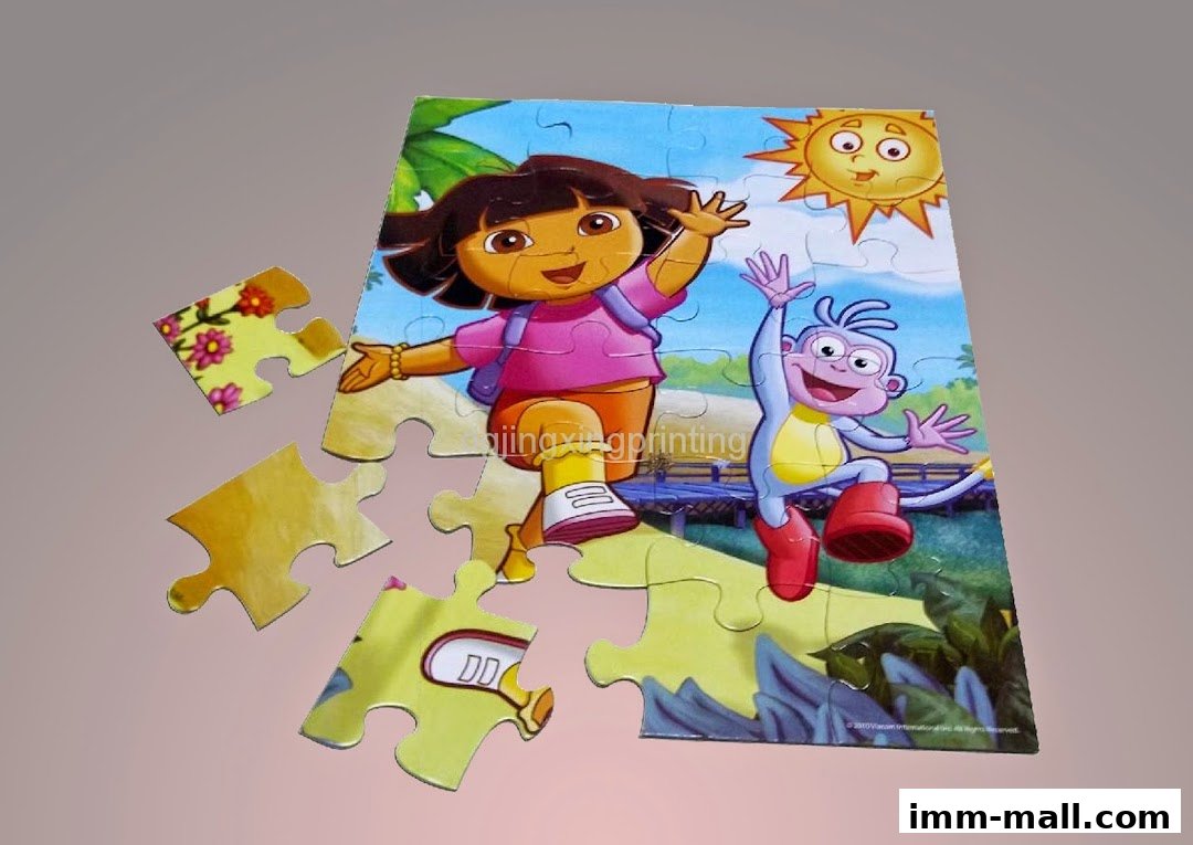 A Dora the Explorer jigsaw puzzle with several pieces scattered around.