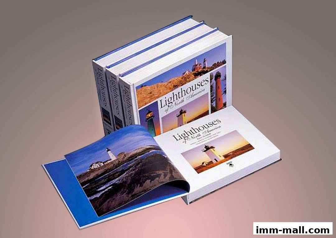 A stack of books titled 'Lighthouses of North America' with stunning lighthouse imagery.