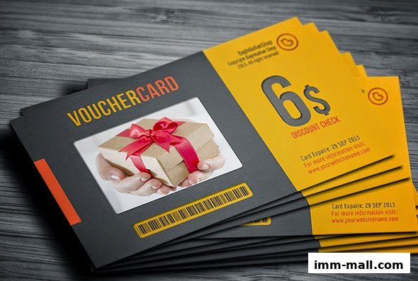 A stack of discount voucher cards with a gift image and barcode.