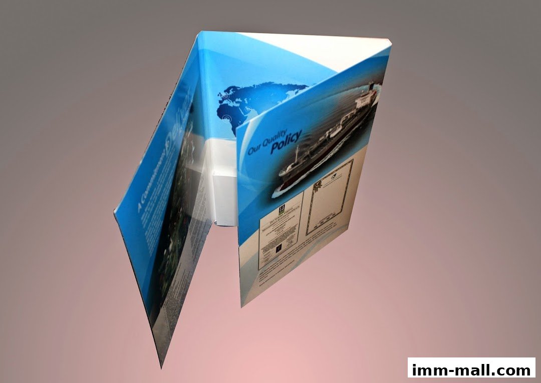 A brochure or folder with a world map and ship graphic, detailing quality policy.