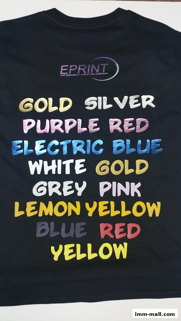 A black t-shirt displays various color options for printing services offered by EPRINT.