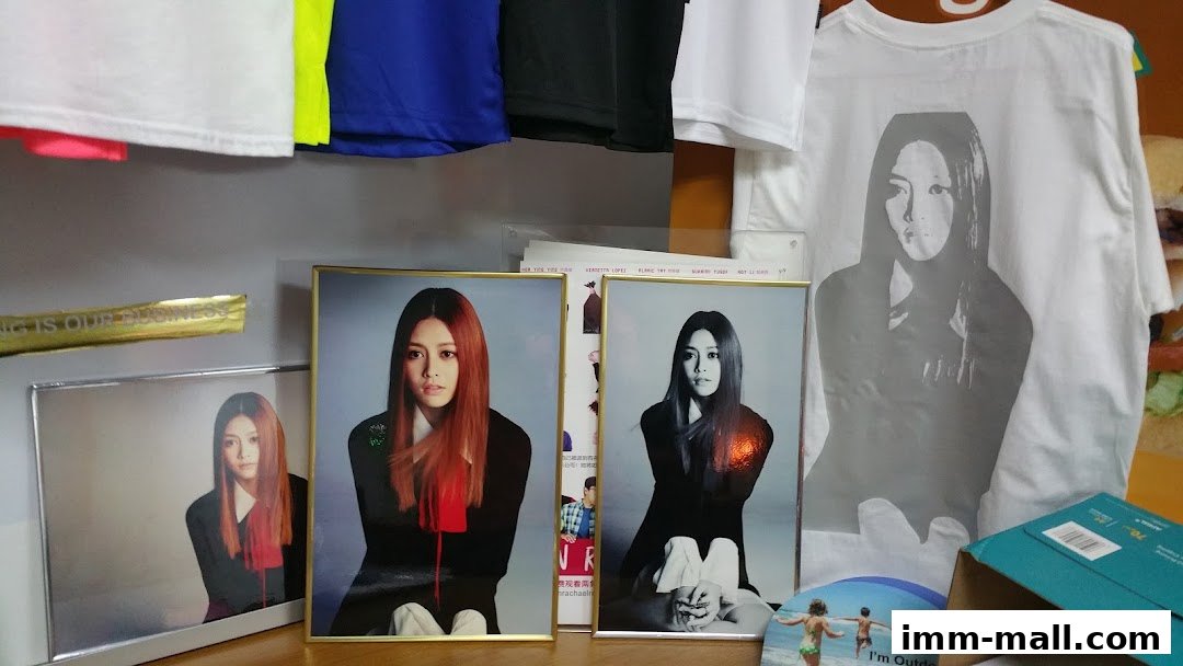 Framed photos and t-shirts featuring a woman's portrait are displayed.