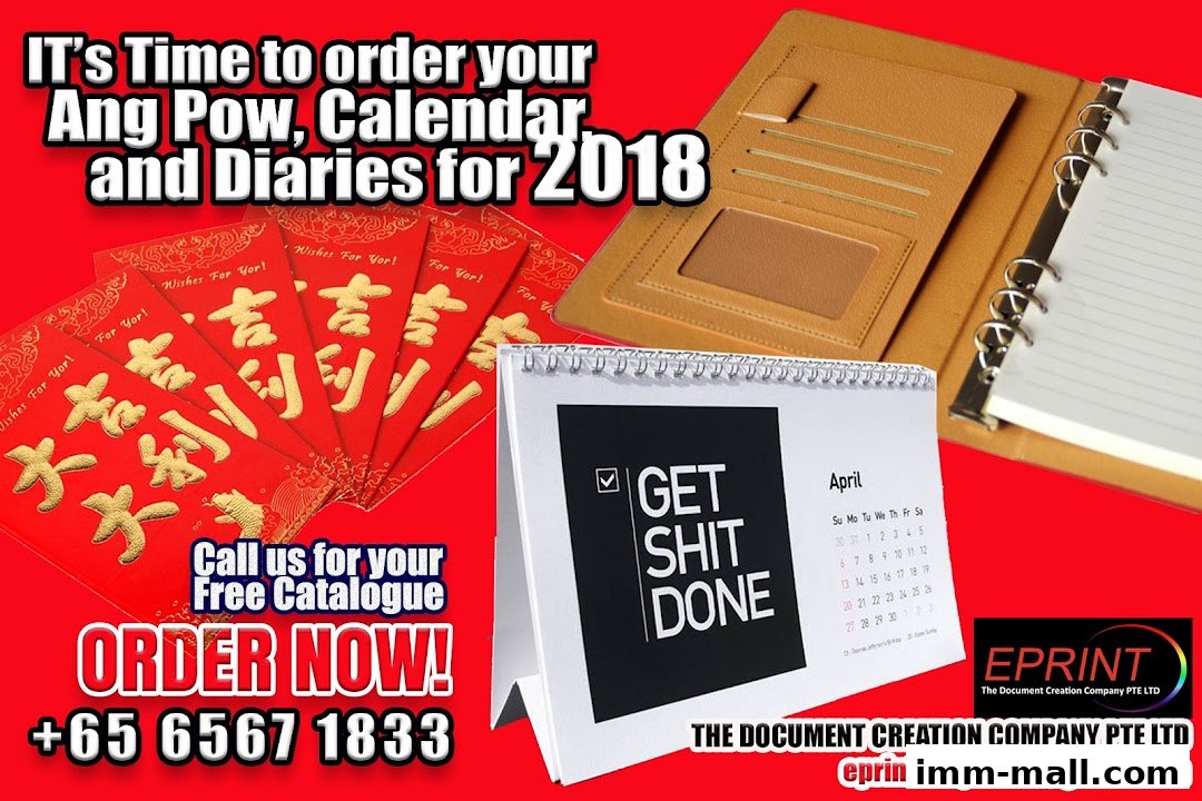 Promotional image for custom Ang Pow, calendars, and diaries for 2018.