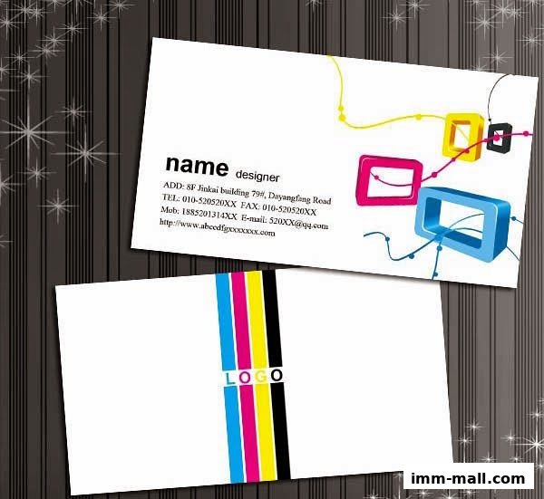 A business card with contact information and a colorful design.