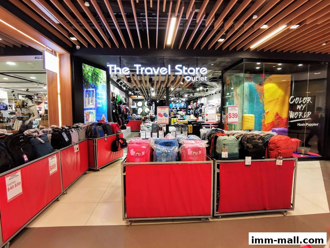 The Travel Store outlet displays various backpacks and luggage with sale signs.